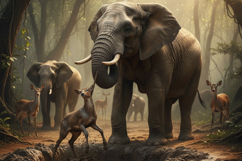 Elephant Pulls Baby Deer from Deep Mud